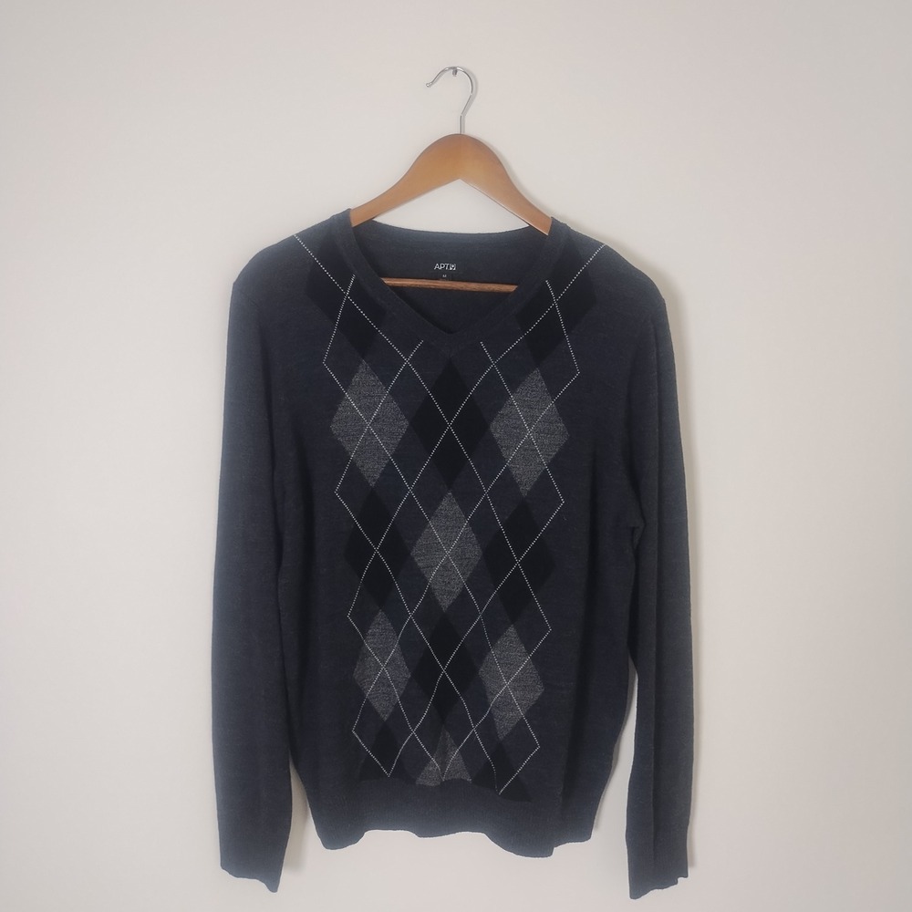 Apt 9 Argyle Merino Wool Blend V-Neck Sweater Men's M Gray Preppy Academic